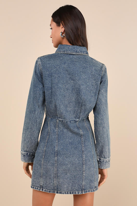 Trendy Approach Medium Wash Button-Front Long Sleeve Denim Dress 9
