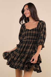 No One Cuter Black and Tan Plaid Puff Sleeve Tiered Mini Dress 8