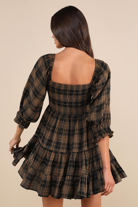 Black and Tan Plaid Dress - Tiered Mini Dress - Puff Sleeve Dress - Lulus
