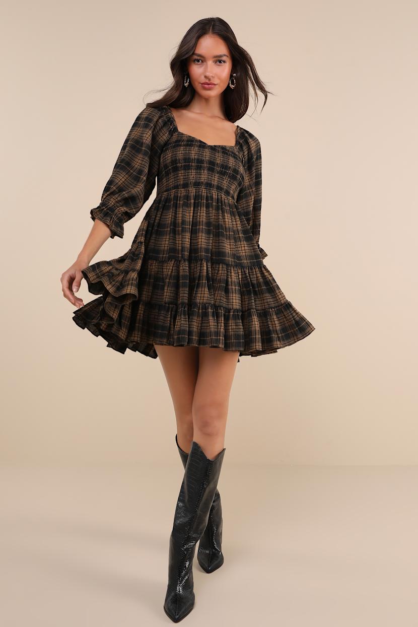 No One Cuter Black and Tan Plaid Puff Sleeve Tiered Mini Dress