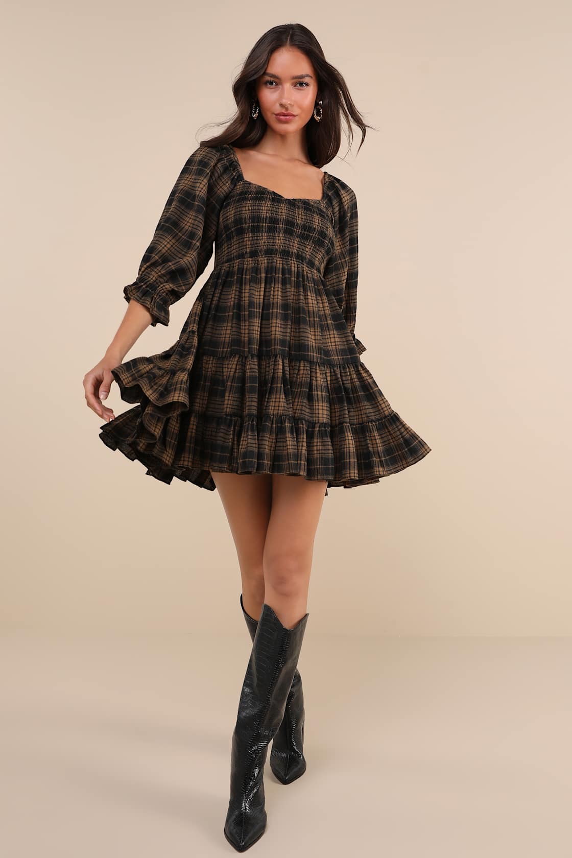 No One Cuter Black and Tan Plaid Puff Sleeve Tiered Mini Dress