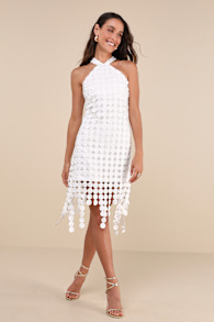 Flirtatious Fun White 3D Dot Halter Fringe Midi Dress 5