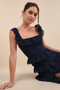 Compelling Romantic Dark Blue Ruffled Tiered Maxi Dress 2