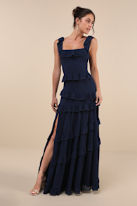 Compelling Romantic Dark Blue Ruffled Tiered Maxi Dress 3
