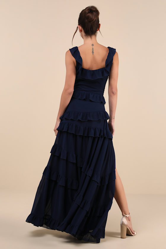 Lulus Compelling Romantic Dark Blue Ruffled Tiered Maxi Dress In Dark Blue