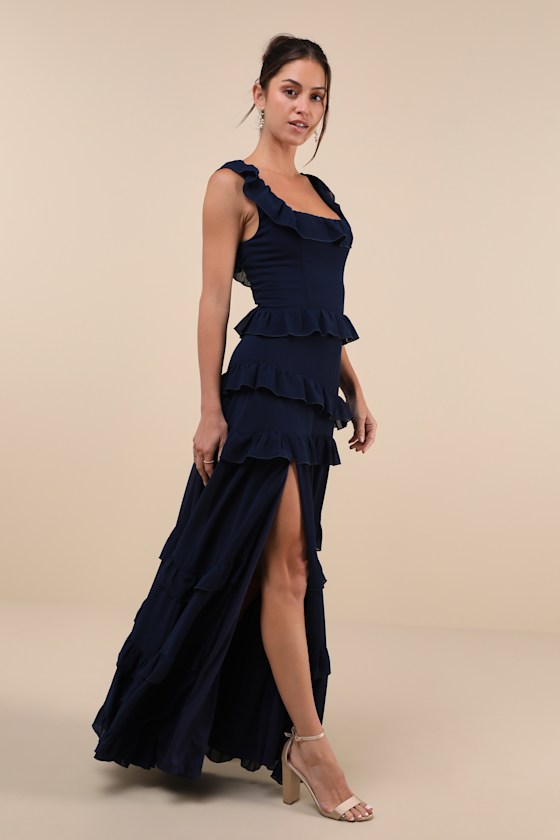 Lulus Compelling Romantic Dark Blue Ruffled Tiered Maxi Dress In Dark Blue