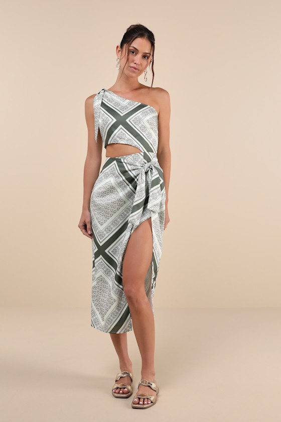 Vacay Beauty Olive Scarf Print One-Shoulder Tie-Strap Midi Dress 1