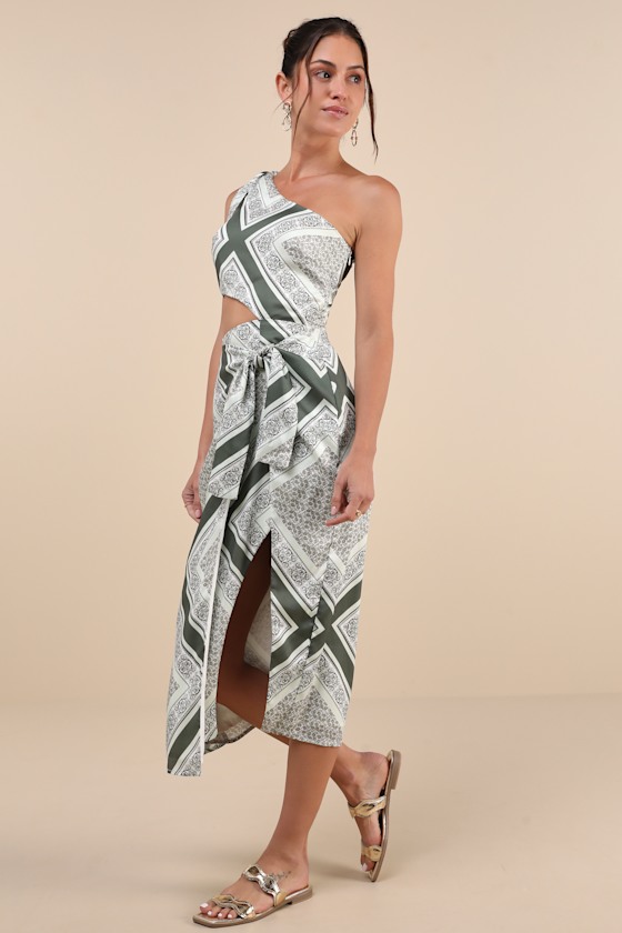 Vacay Beauty Olive Scarf Print One-Shoulder Tie-Strap Midi Dress 4