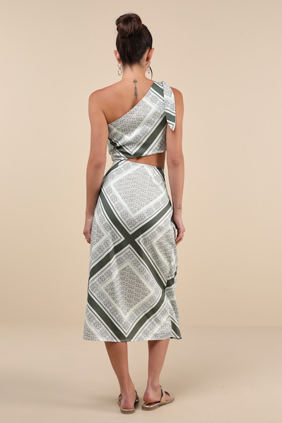LULUS VACAY BEAUTY OLIVE SCARF PRINT ONE-SHOULDER TIE-STRAP MIDI DRESS
