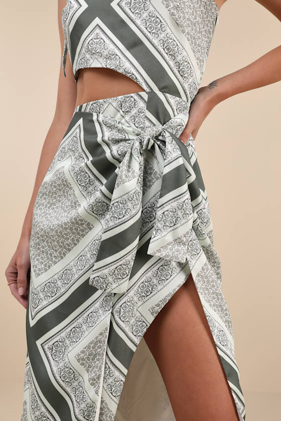 LULUS VACAY BEAUTY OLIVE SCARF PRINT ONE-SHOULDER TIE-STRAP MIDI DRESS