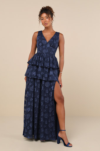 Cherished Elegance Navy Blue Burnout Jacquard Tiered Maxi Dress