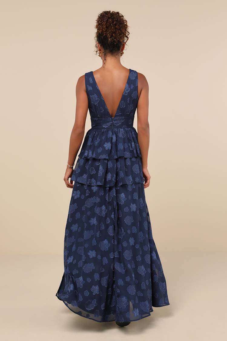 Cherished Elegance Navy Blue Burnout Jacquard Tiered Maxi Dress