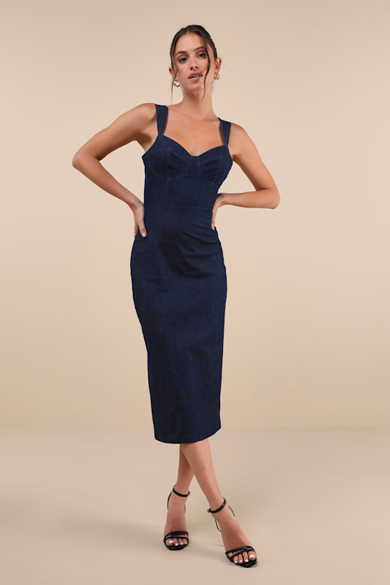 Shop Lulus Keep It Darling Dark Wash Denim Bustier Lace-up Midi Dress In Blue