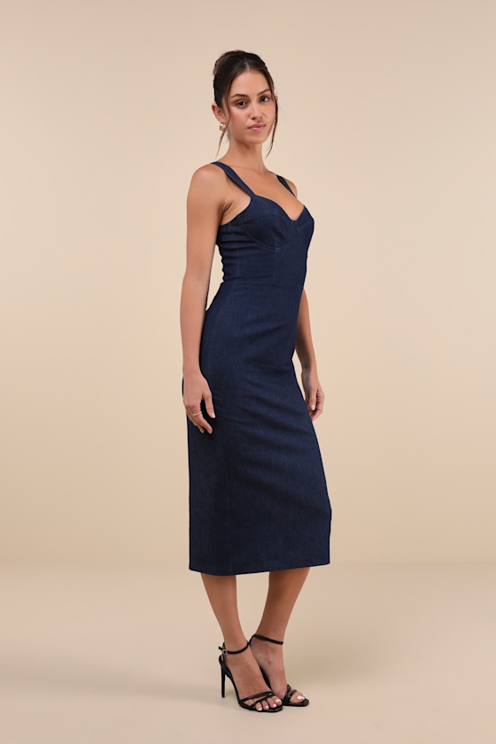 Shop Lulus Keep It Darling Dark Wash Denim Bustier Lace-up Midi Dress In Blue