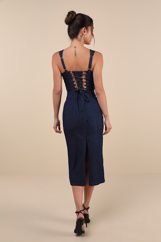 Shop Lulus Keep It Darling Dark Wash Denim Bustier Lace-up Midi Dress In Blue