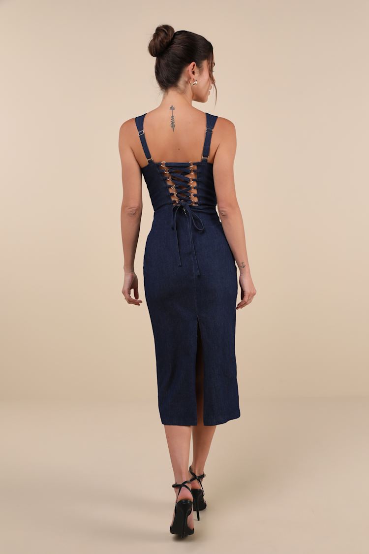 Dark Wash Denim Dress - Lace-Up Midi Dress - Bustier Midi Dress - Lulus Dark Wash Denim Dress - Lace-Up Midi Dress - Bustier Midi Dress - Lulus