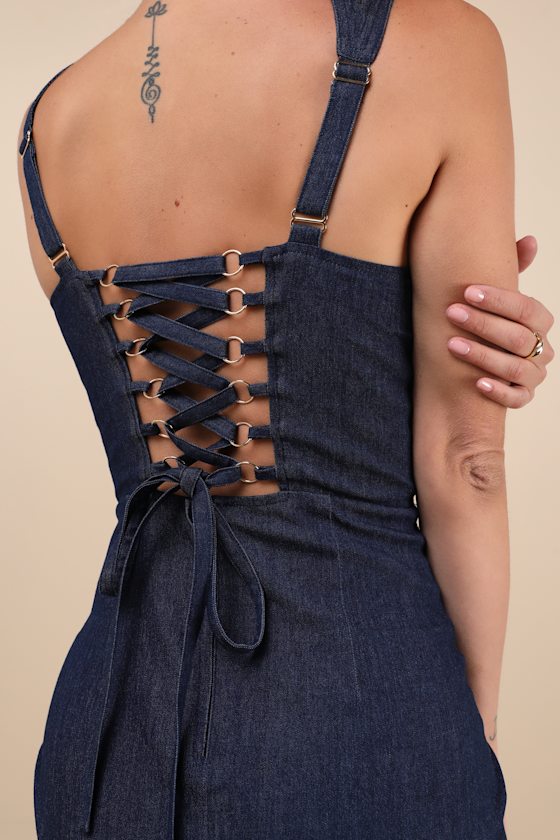 Shop Lulus Keep It Darling Dark Wash Denim Bustier Lace-up Midi Dress In Blue
