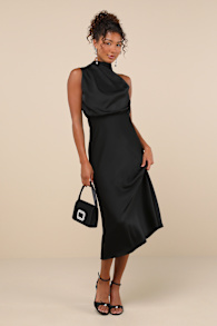 Distinctive Charm Black Satin Asymmetrical Midi Dress 5
