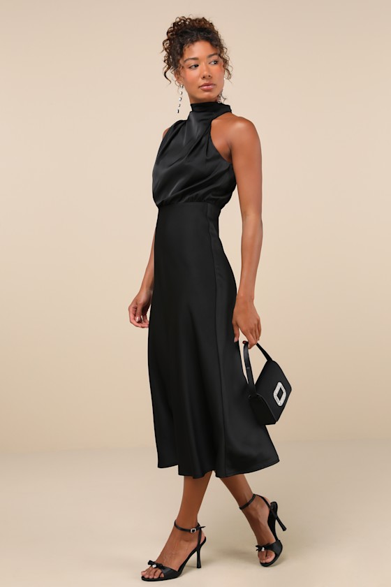 Shop Lulus Distinctive Charm Black Satin Asymmetrical Midi Dress