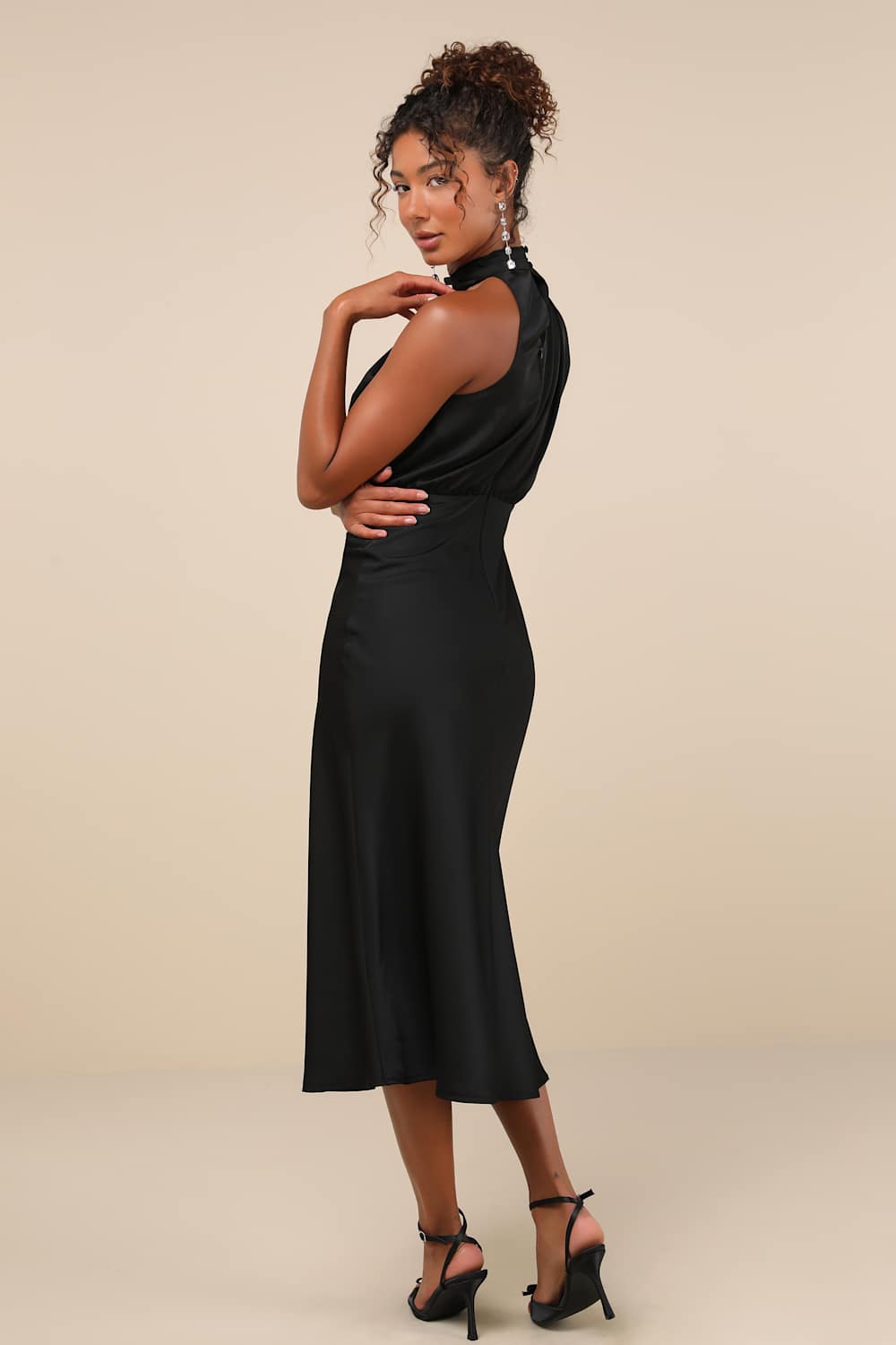 Distinctive Charm Black Satin Asymmetrical Midi Dress