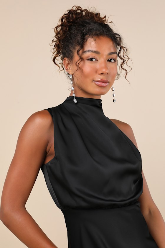 Shop Lulus Distinctive Charm Black Satin Asymmetrical Midi Dress