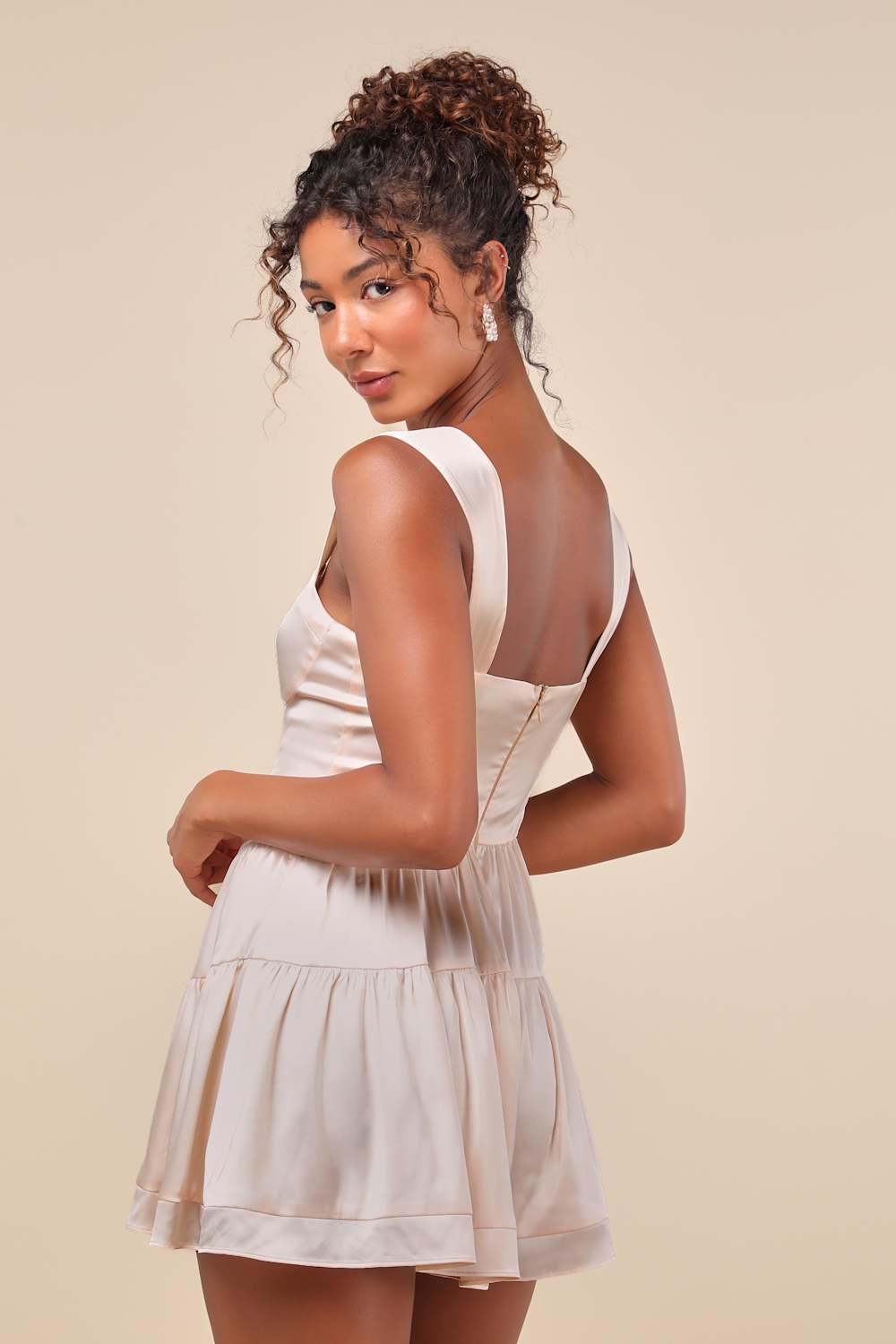 Positively Adorable Cream Satin Tiered Bustier Romper