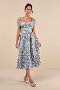 Bubbly Bliss Slate Blue Jacquard Bustier Tie-Strap Midi Dress 2