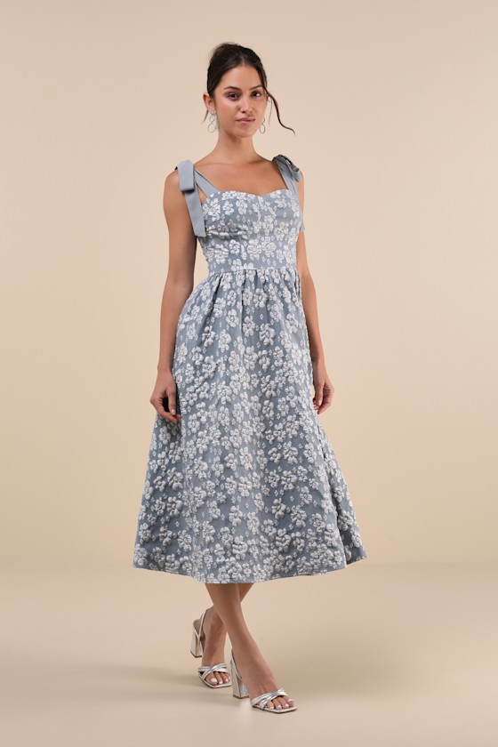 Bubbly Bliss Slate Blue Jacquard Bustier Tie-Strap Midi Dress 3