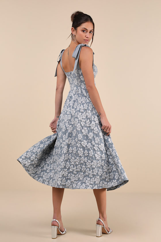 Lulus Bubbly Bliss Slate Blue Jacquard Bustier Tie-strap Midi Dress In Slate Blue