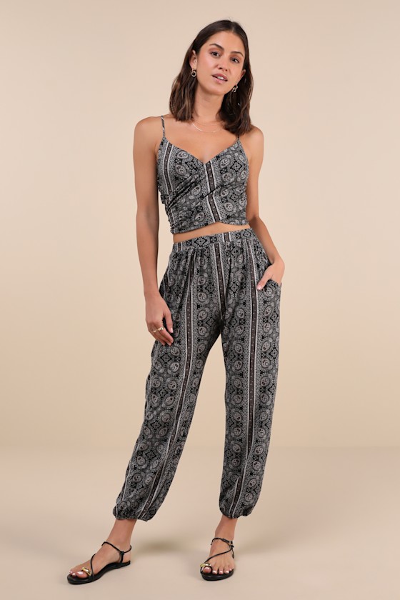 Doin' it Right Black Scarf Print Wrap Two-Piece Jumpsuit 2