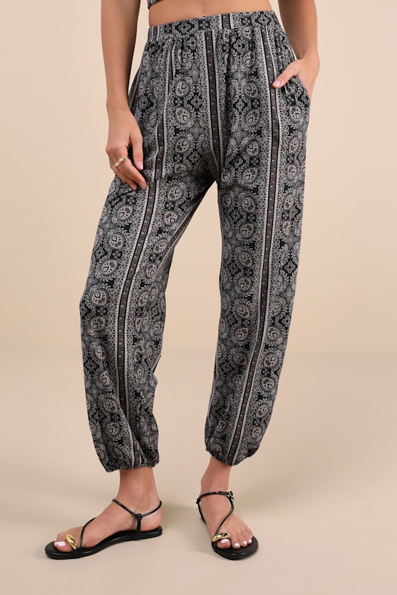 Lulus Doin' It Right Black Scarf Print Wrap Two-piece Jumpsuit In Black