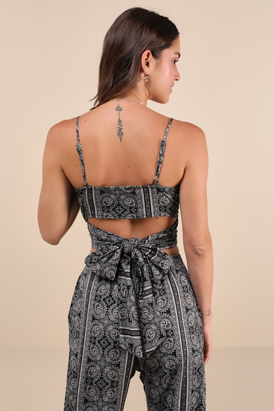 Lulus Doin' It Right Black Scarf Print Wrap Two-piece Jumpsuit In Black