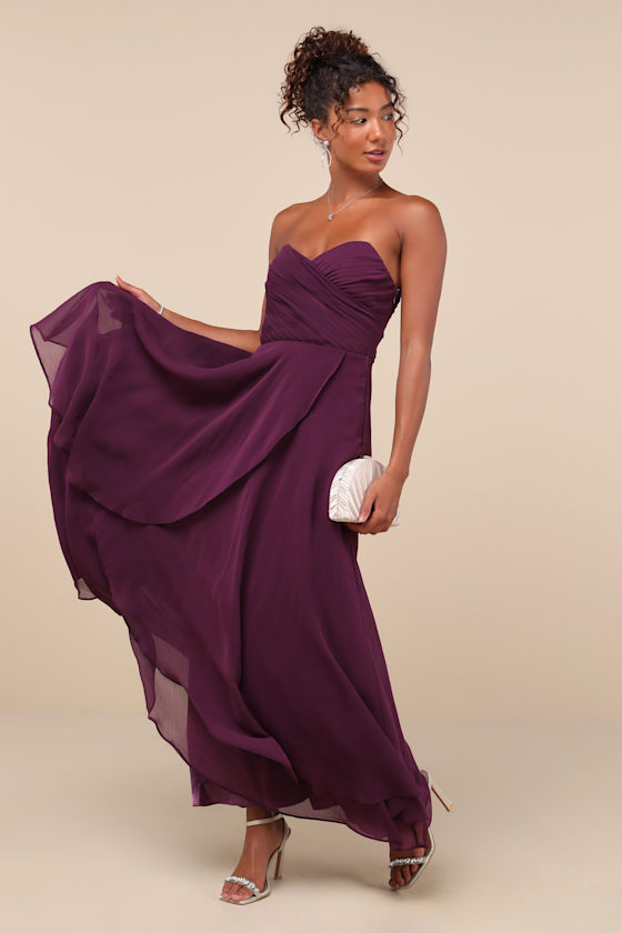 Revered Elegance Purple Pleated Strapless Maxi Dress 1