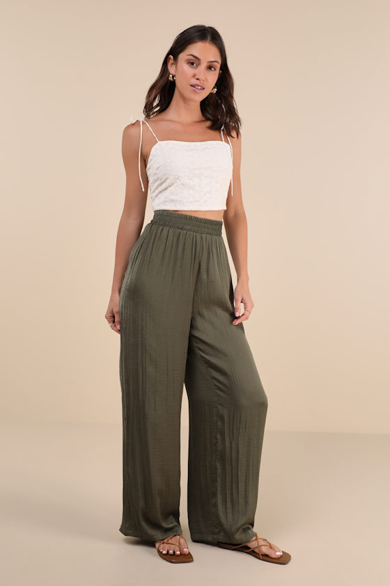 Olive Green Crinkled High Waisted Wide Leg Pants Womens X Small Available in S M L XL 100 Polyester Lulus