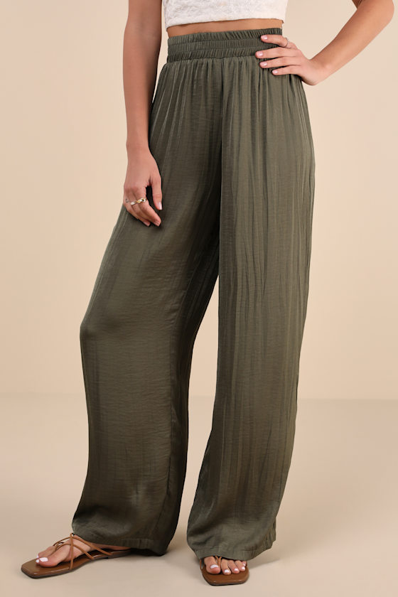 Olive Green Crinkled Pants - High-Waisted Pants - Wide-Leg Pants