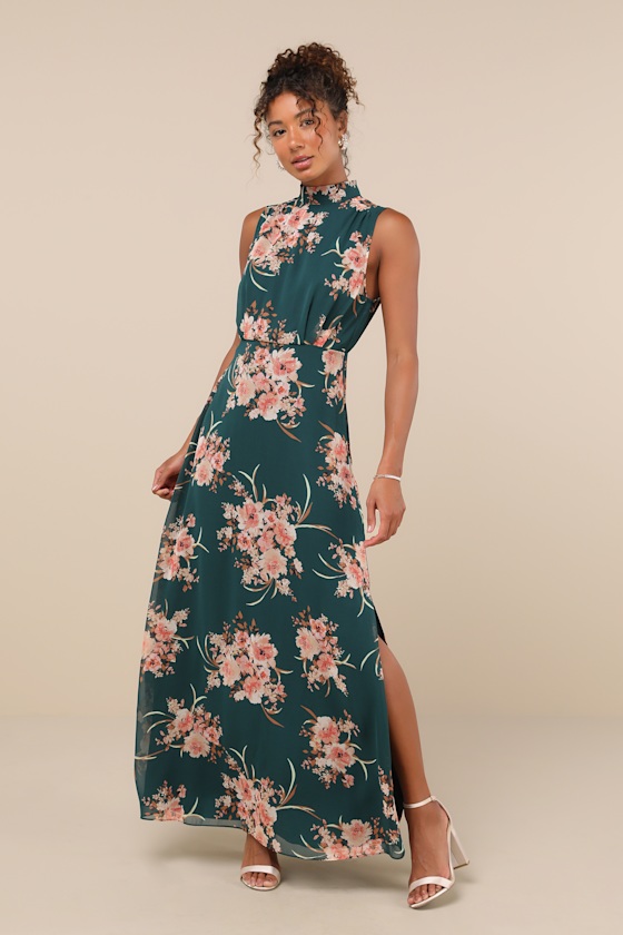 Classic Elegance Emerald Floral Mock Neck Maxi Dress 5