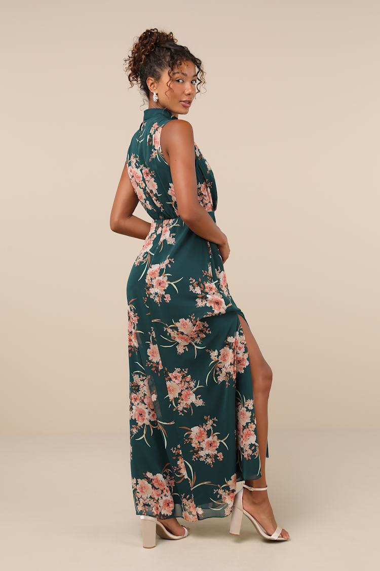 Emerald Floral Gown - Mock Neck Gown - Floral Bridesmaid Dress - Lulus
