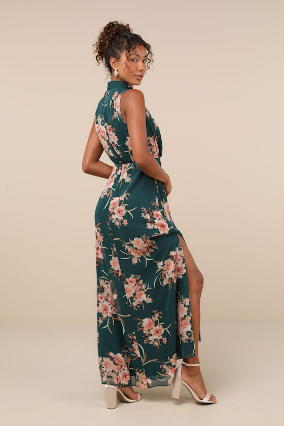 Classic Elegance Emerald Floral Mock Neck Maxi Dress 2