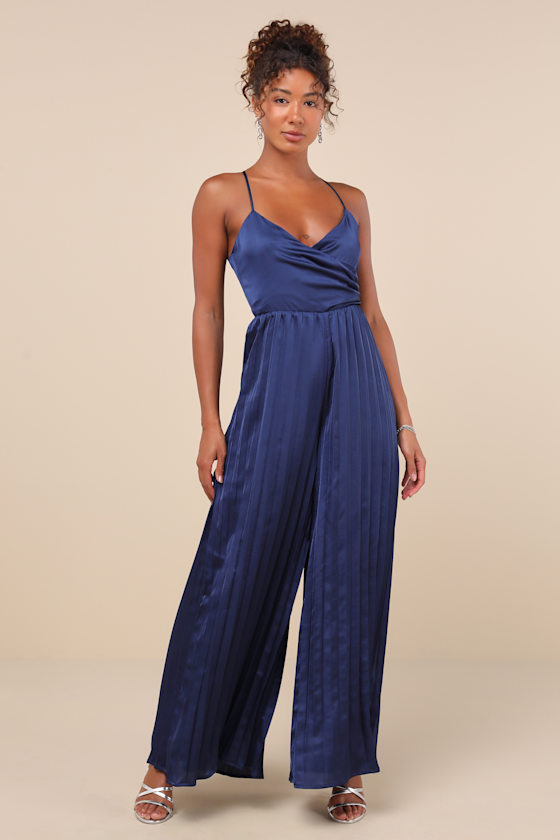 Lulus Memorably Sophisticated Navy Satin Pleated Backless Jumpsuit In Navy