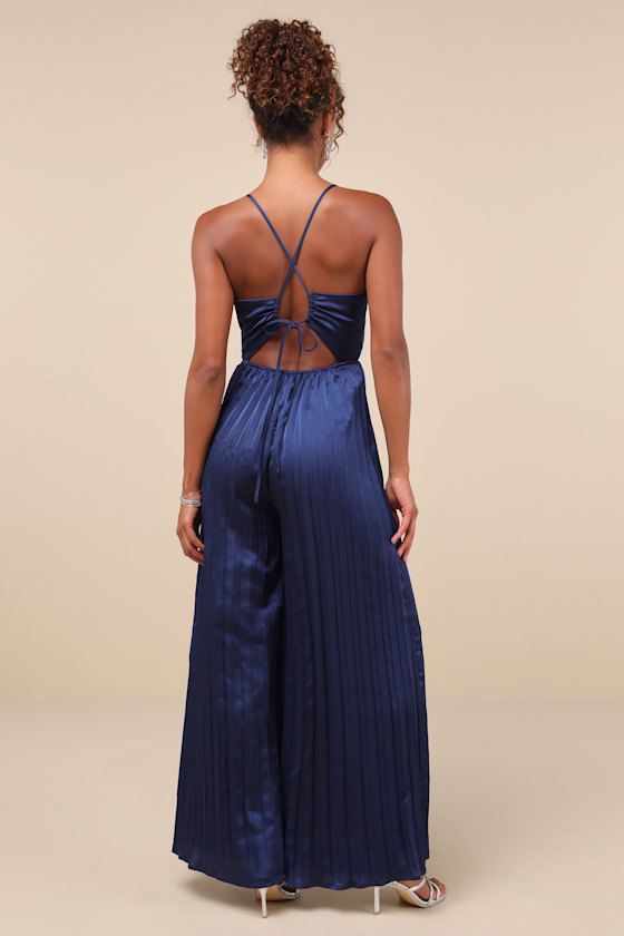 Memorably Sophisticated Navy Satin Pleated Backless Jumpsuit