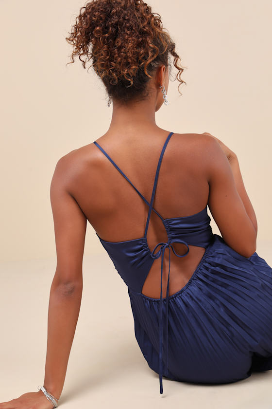 Lulus Memorably Sophisticated Navy Satin Pleated Backless Jumpsuit In Navy