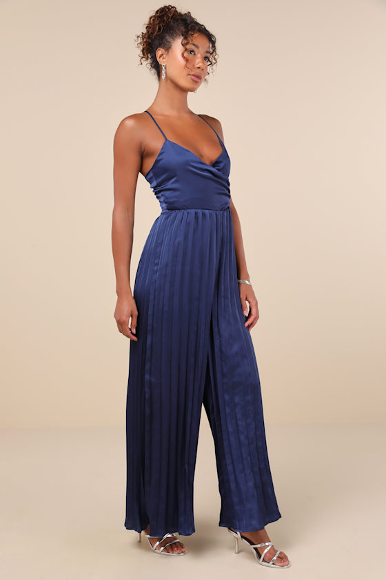 Lulus Memorably Sophisticated Navy Satin Pleated Backless Jumpsuit In Navy