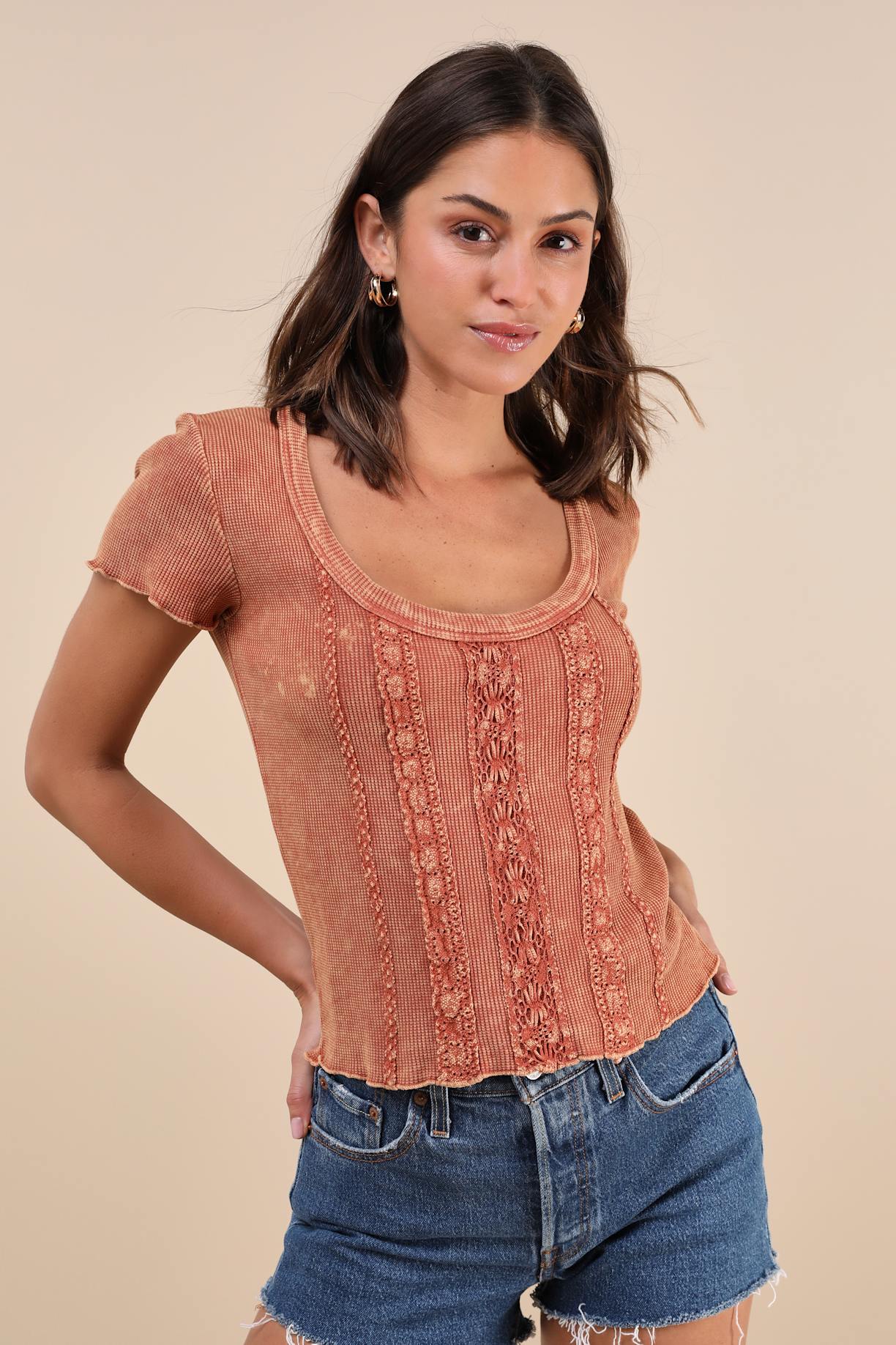 Boho Charisma Washed Rust Waffle-Knit Lace Short Sleeve Top