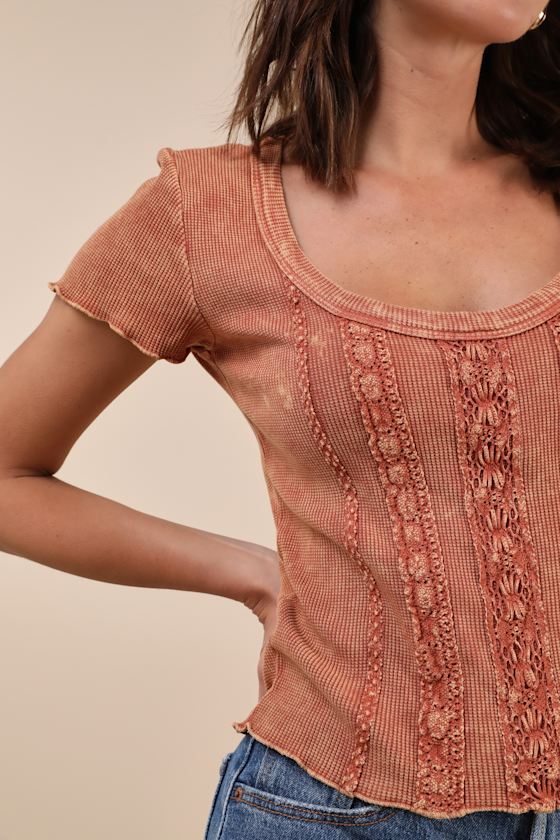 Lulus Boho Charisma Washed Rust Waffle-knit Lace Short Sleeve Top In Orange