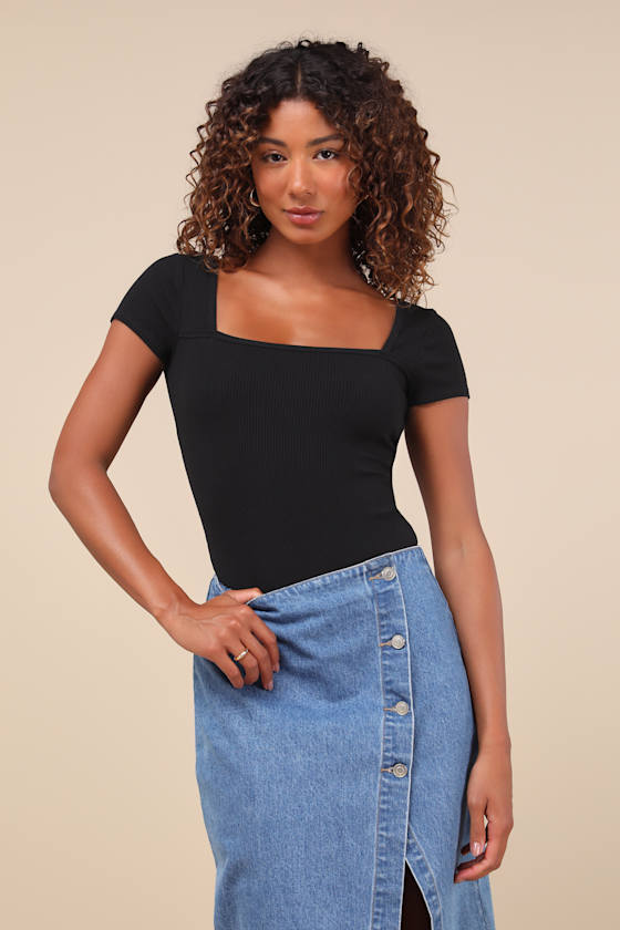 Always Confident Black Ribbed Square Neck Short Sleeve Bodysuit 1