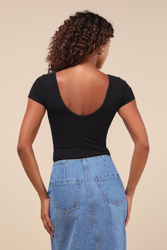 Always Confident Black Ribbed Square Neck Short Sleeve Bodysuit 3