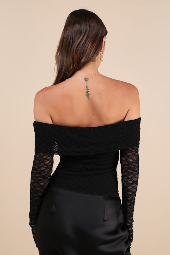 Lulus Serene Date Black Lace Off-the-shoulder Long Sleeve Top In Black