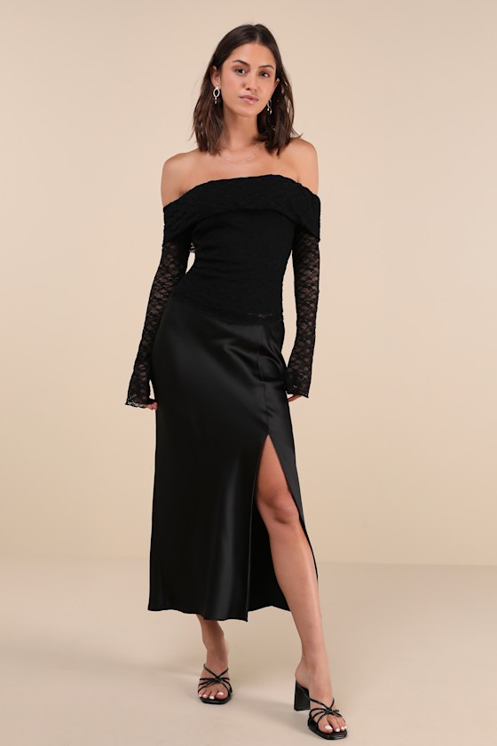 Lulus Serene Date Black Lace Off-the-shoulder Long Sleeve Top In Black