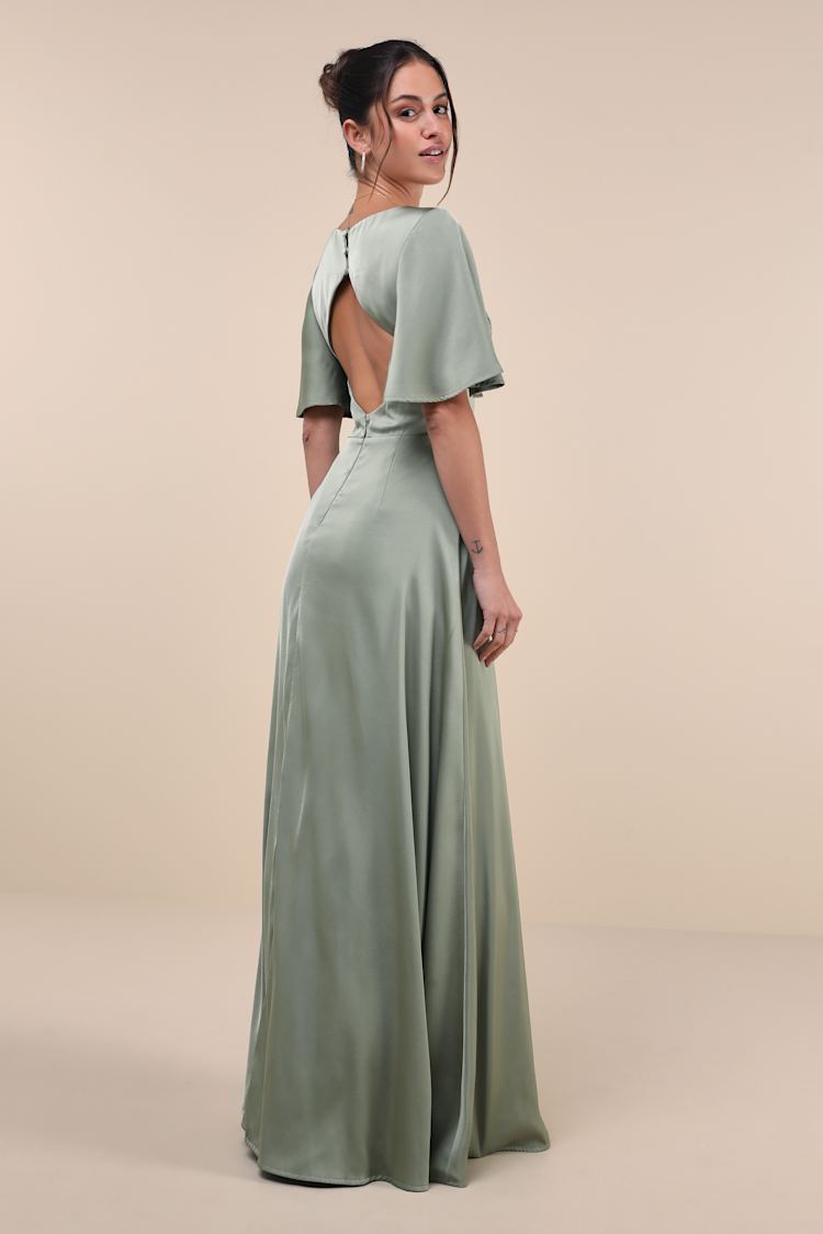 Elegant Confidence Sage Satin Flutter Sleeve Cutout Maxi Dress