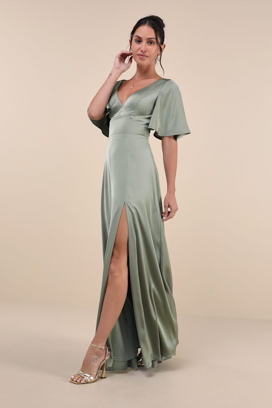 Lulus Elegant Confidence Sage Satin Flutter Sleeve Cutout Maxi Dress In Green